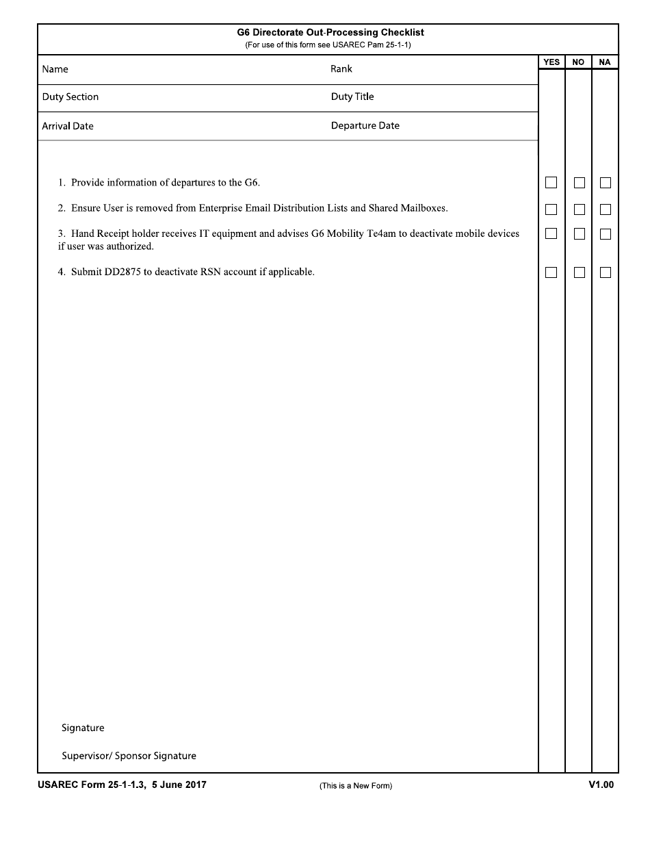 USAREC Form 25-1-1.3 G-6 Directorate out-Processing Checklist, Page 1