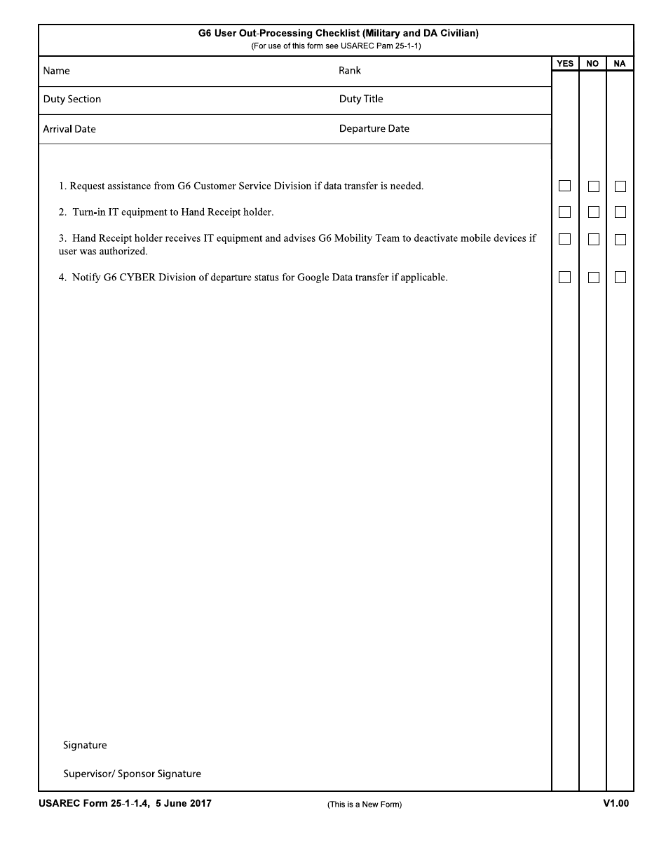 USAREC Form 25-1-1.4 G-6 User out-Processing Checklist (Military and DA Civilian), Page 1