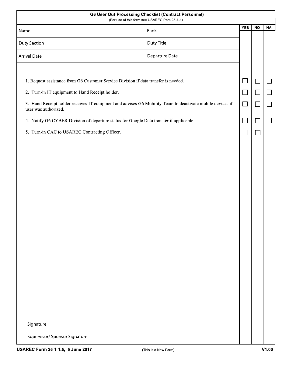 USAREC Form 25-1-1.5 G-6 User out-Processing Checklist (Contract Personnel), Page 1