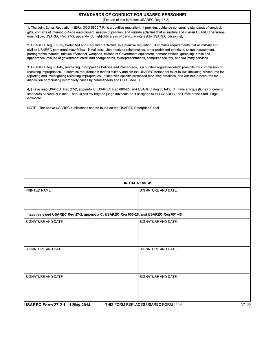 USAREC Form 27-2.1 Standards of Conduct for USAREC Personnel, Page 1