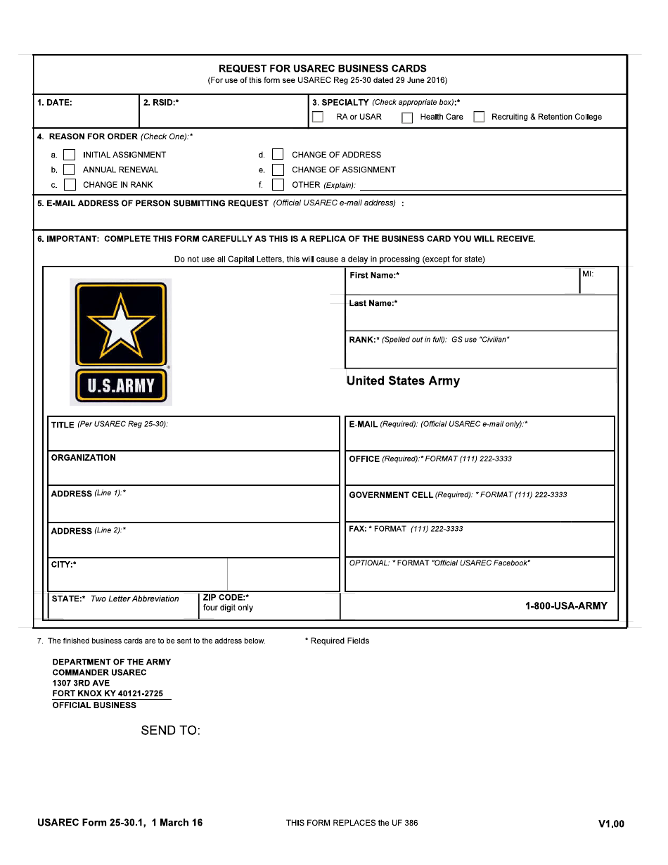 USAREC Form 25-30.1 Request for USAREC Business Cards, Page 1