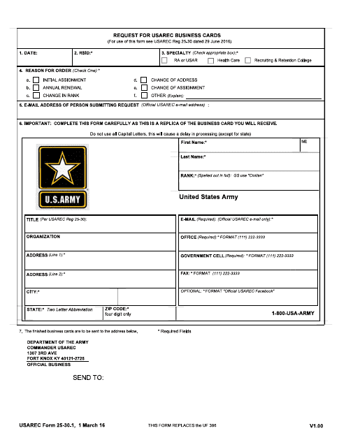 USAREC Form 25-30.1 Request for USAREC Business Cards