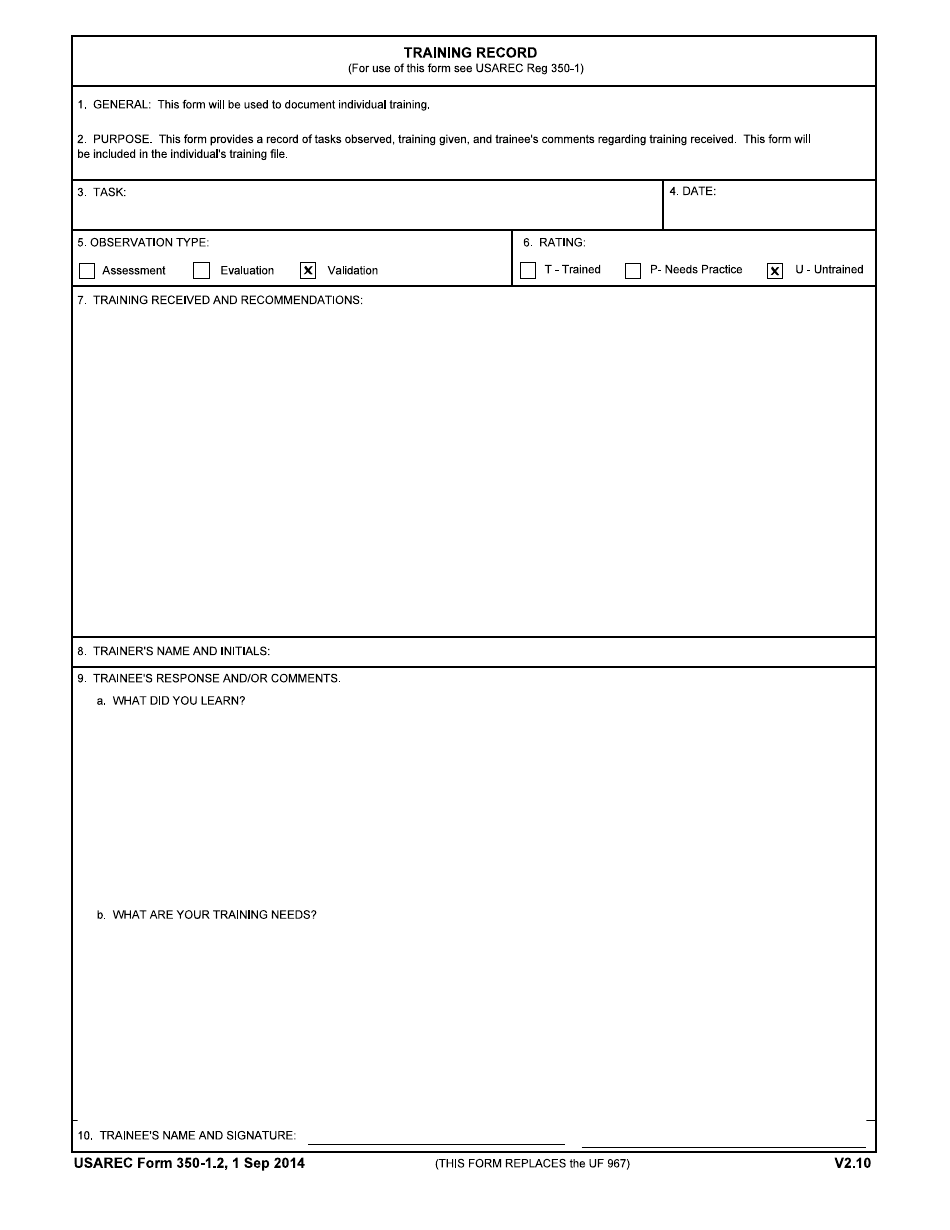USAREC Form 350-1.2 Training Record, Page 1