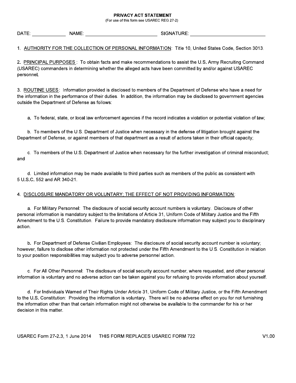 USAREC Form 27-2.3 Privacy Act Statement, Page 1