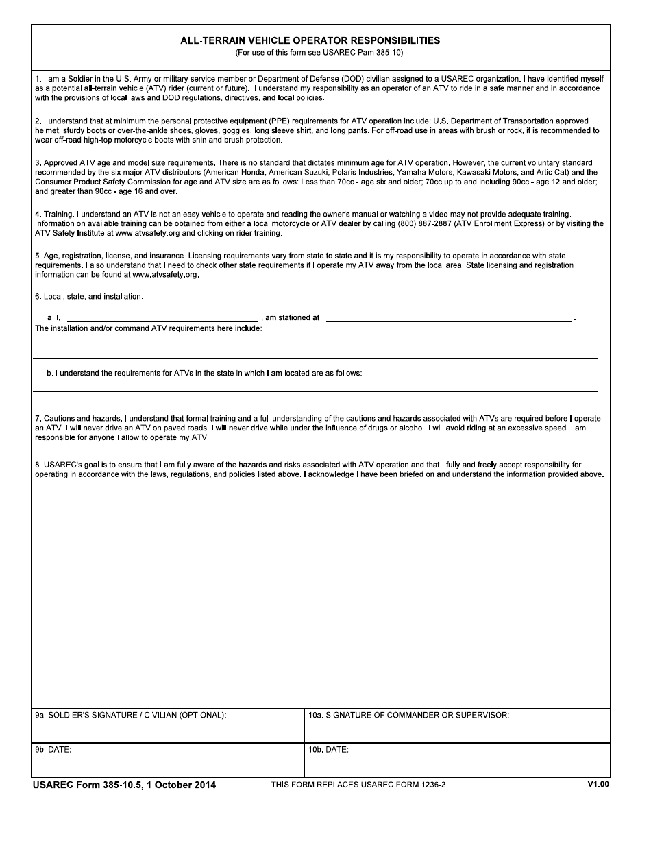 USAREC Form 385-10.5 All-terrain Vehicle Operator Responsibilities, Page 1