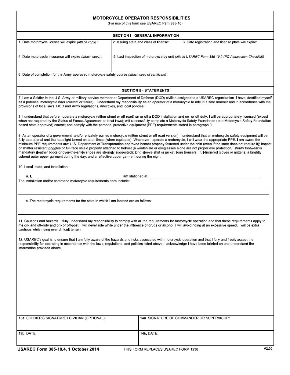 USAREC Form 385-10.4 Motorcycle Operator Responsibilities, Page 1