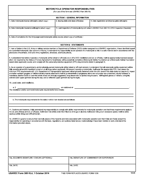 USAREC Form 385-10.4 Motorcycle Operator Responsibilities