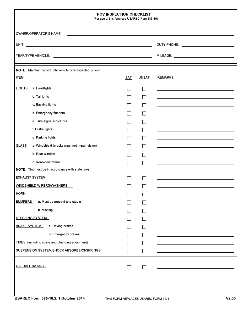 USAREC Form 385-10.2 Pov Inspection Checklist, Page 1