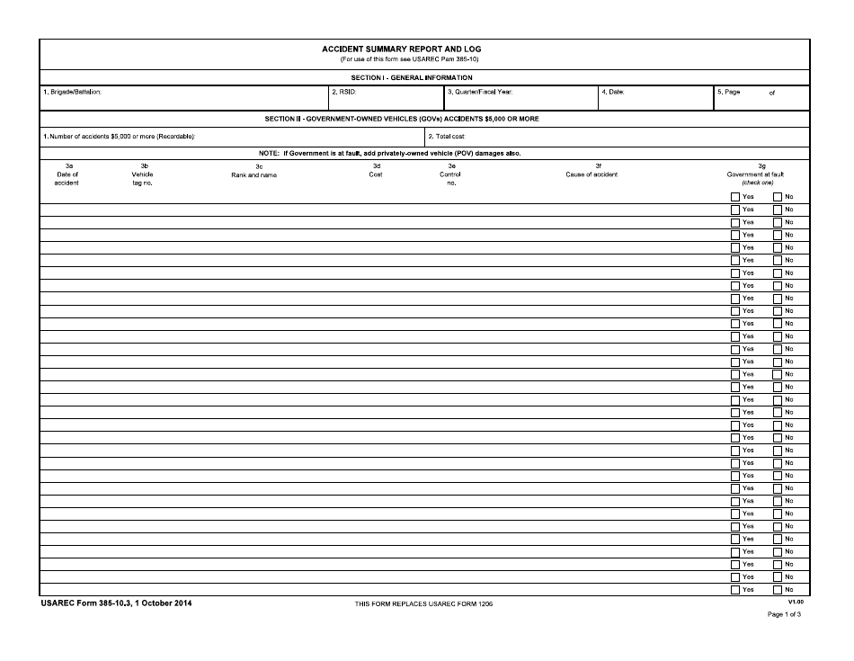 USAREC Form 385-10.3 Accident Summary Report and Log, Page 1
