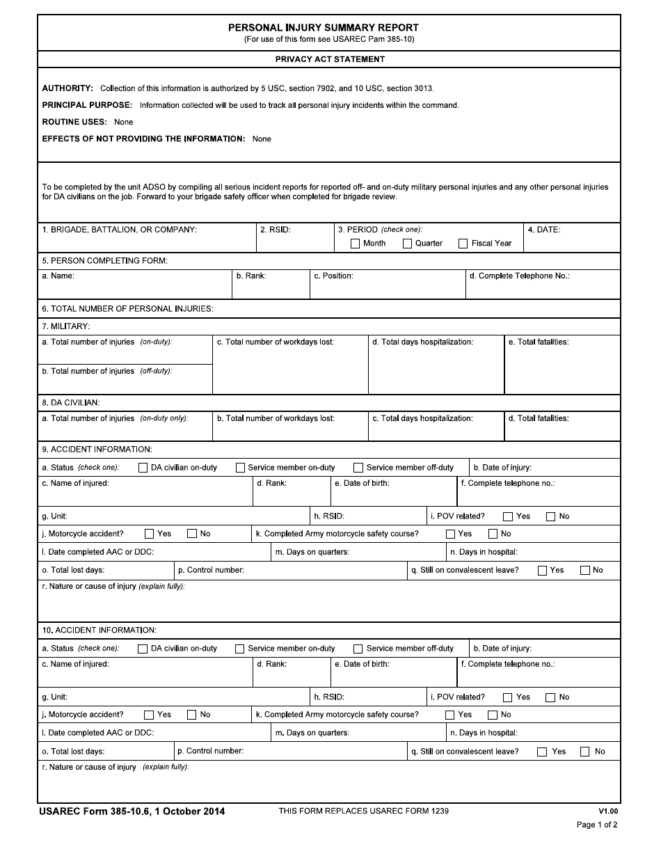 USAREC Form 385-10.6 Personal Injury Summary Report, Page 1