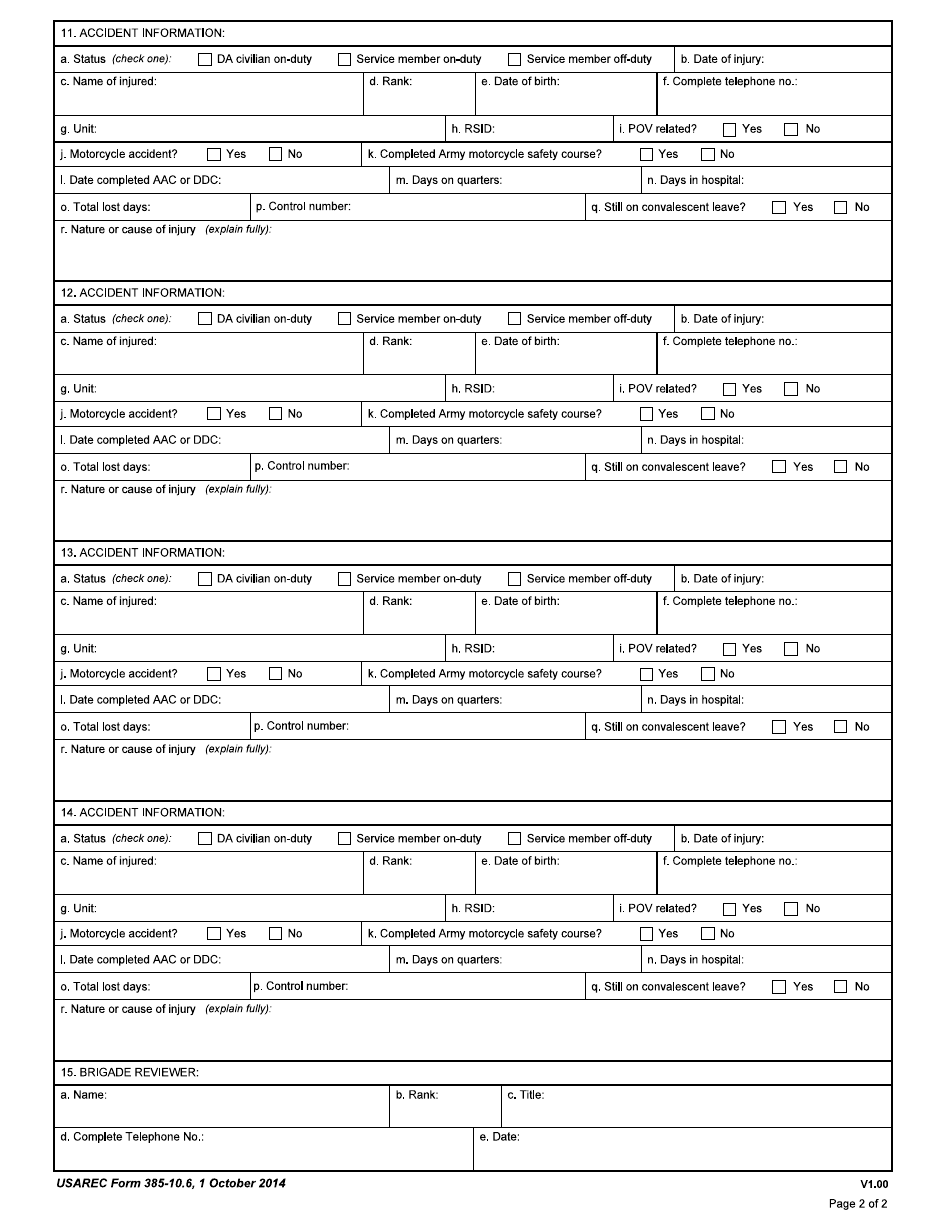 USAREC Form 385-10.6 Personal Injury Summary Report, Page 2