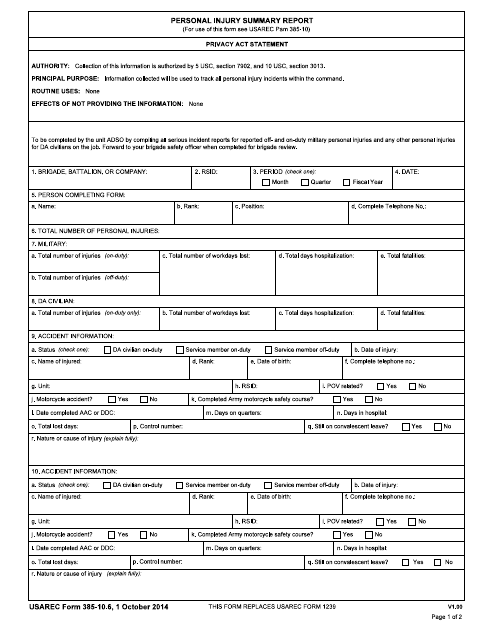 USAREC Form 385-10.6 Personal Injury Summary Report
