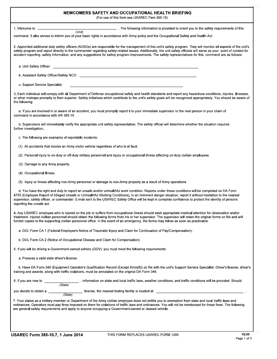USAREC Form 385-10.7 Newcomers Safety and Occupational Health Briefing, Page 1