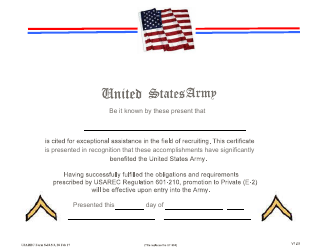 Document preview: USAREC Form 5-03.5.3 Future Soldier Referral Promotion Certificate