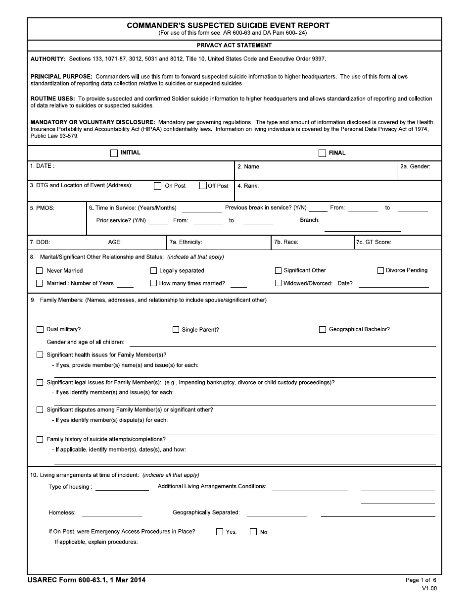 USAREC Form 600-63.1 Commander's Suspected Suicide Event Report, Page 1