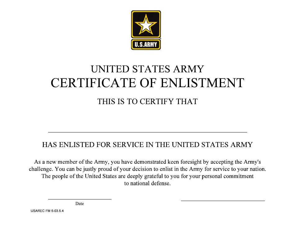 USAREC Form 5-03.5.4 Certificate of Enlistment, Page 1