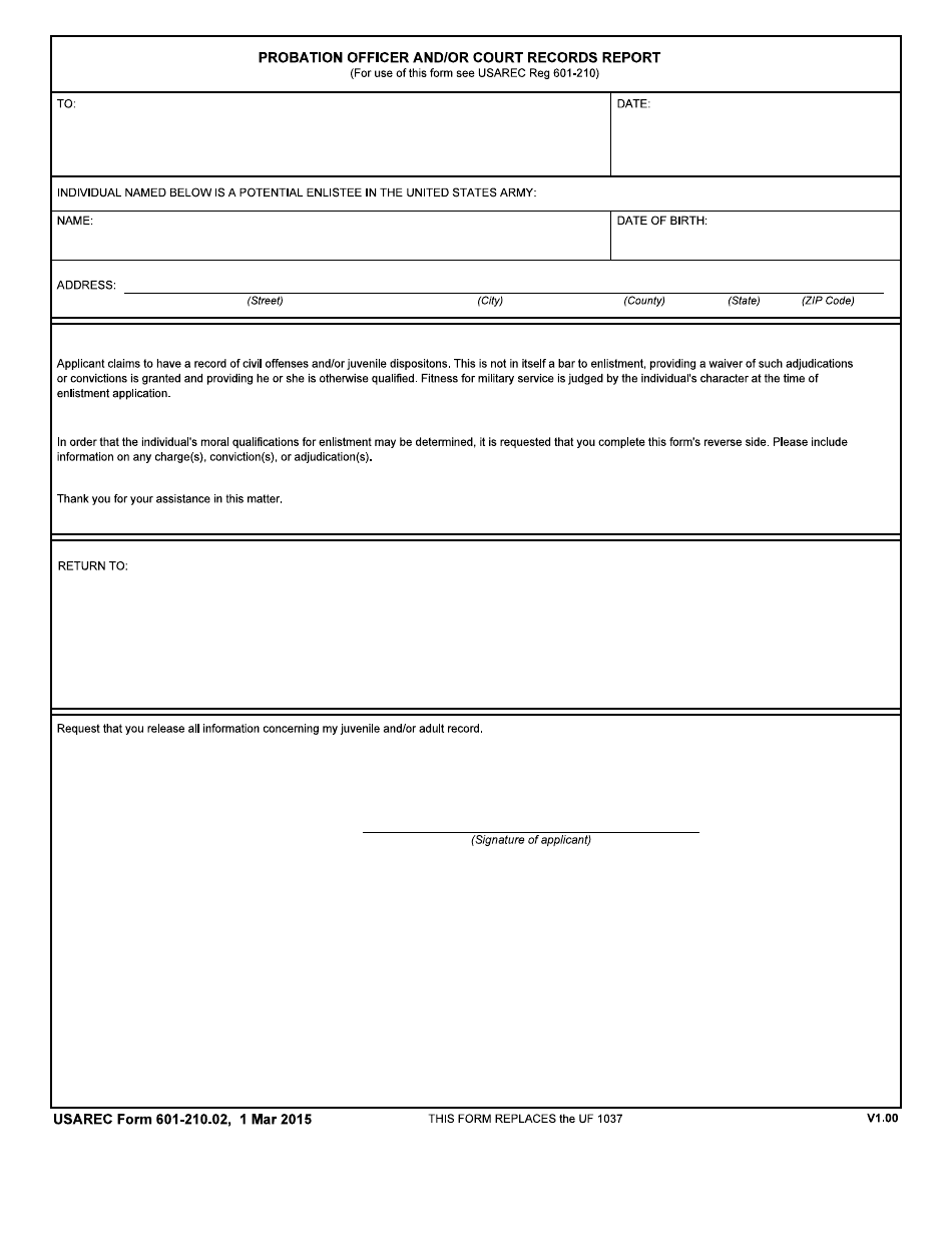 USAREC Form 601-210.02 Probation Officer and / or Court Records Report, Page 1