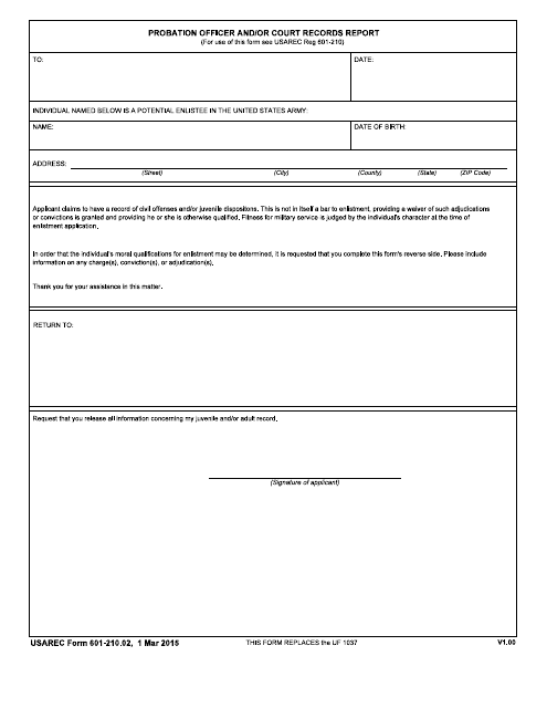 USAREC Form 601-210.02 Probation Officer and/or Court Records Report