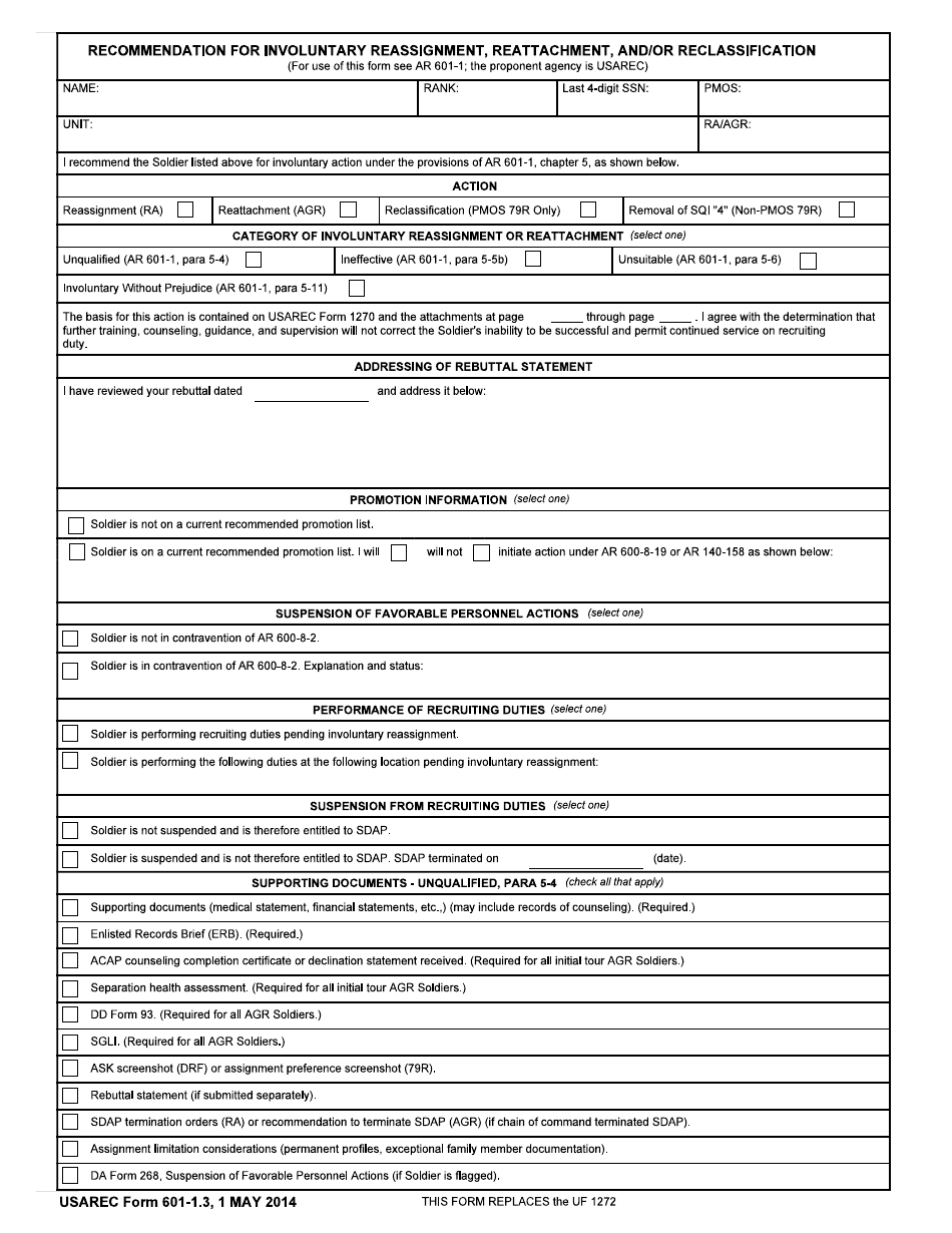 USAREC Form 601-1.3 Recommendation for Involuntary Reassignment, Reattachment, and / or Reclassification, Page 1