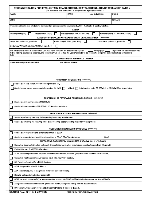 USAREC Form 601-1.3 Recommendation for Involuntary Reassignment, Reattachment, and/or Reclassification