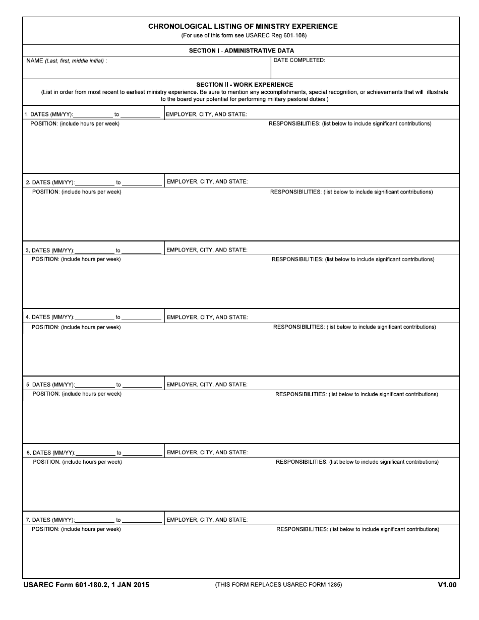 USAREC Form 601-180.2 Chronological Listing of Ministry Experience, Page 1