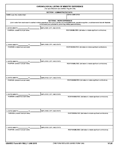 USAREC Form 601-180.2 Chronological Listing of Ministry Experience