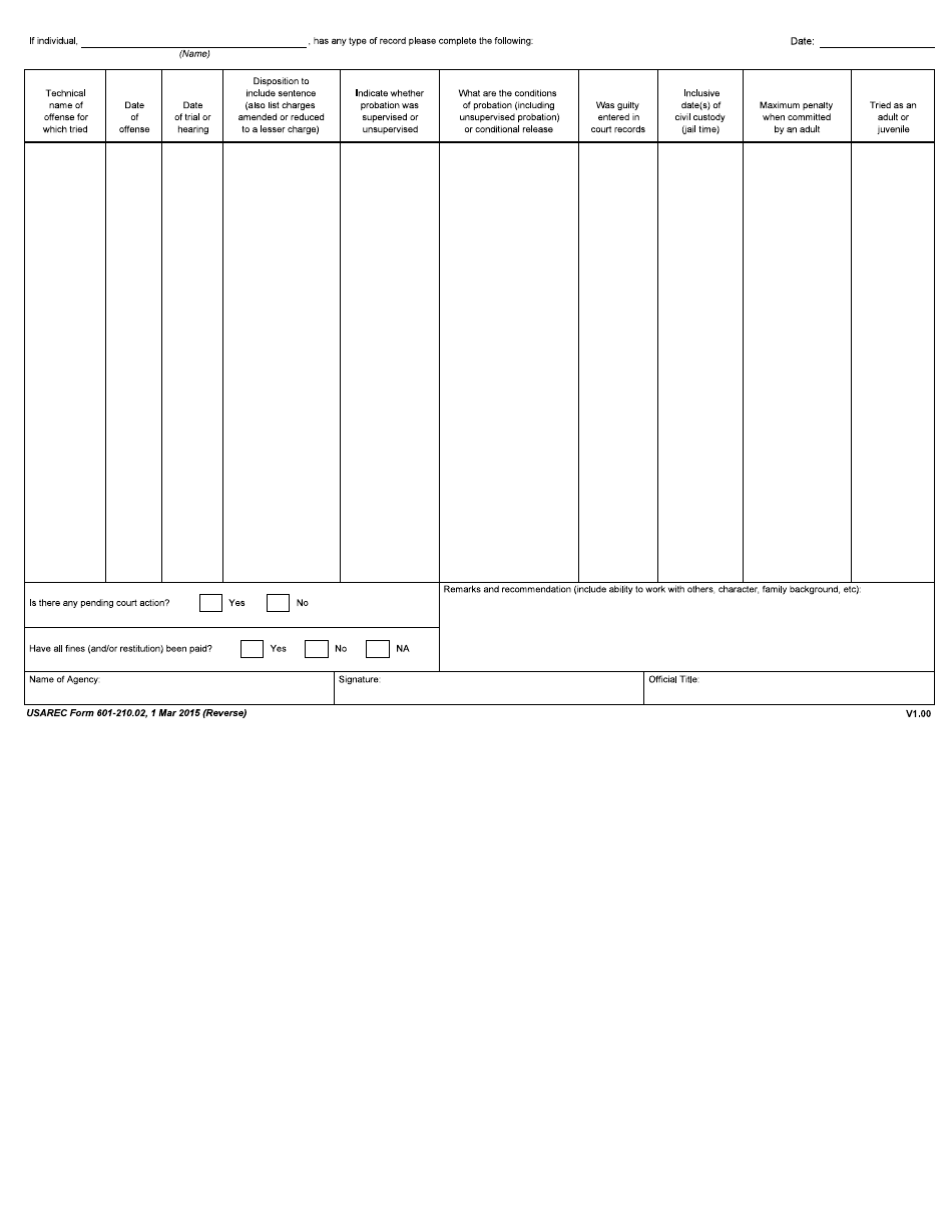USAREC Form 601-210.02 Probation Officer and / or Court Records Report (Reverse), Page 1