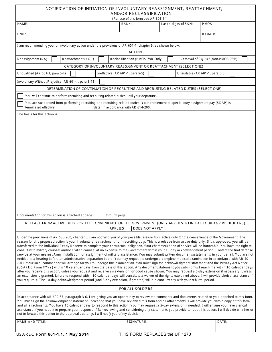 USAREC Form 601-1.1 Notification of Initiation of Involuntary Reassignment, Reattachment, and / or Reclassification, Page 1