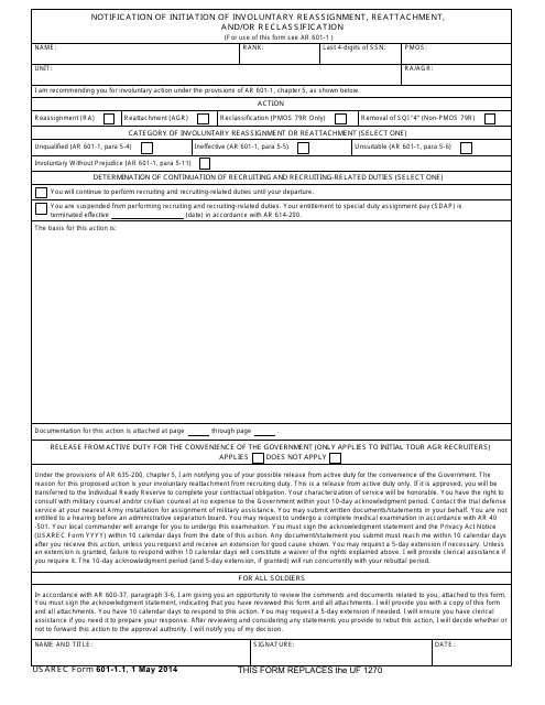 USAREC Form 601-1.1 Notification of Initiation of Involuntary Reassignment, Reattachment, and/or Reclassification