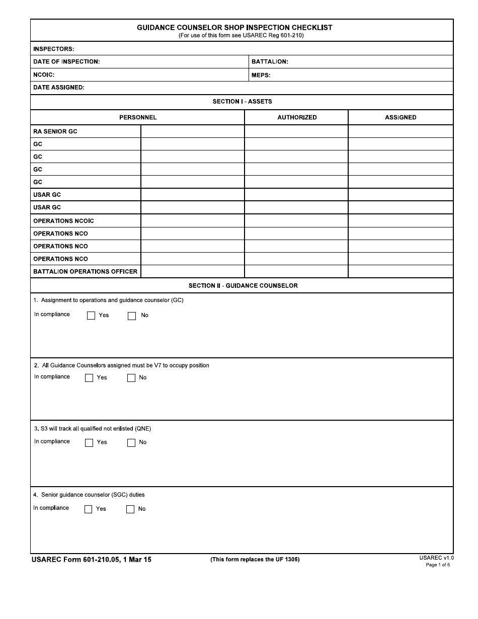 USAREC Form 601-210.05 Guidance Counselor Shop Inspection Checklist, Page 1