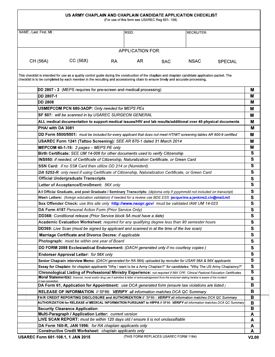 USAREC Form 601-108.1 US Army Chaplain and Chaplain Candidate Application Checklist, Page 1