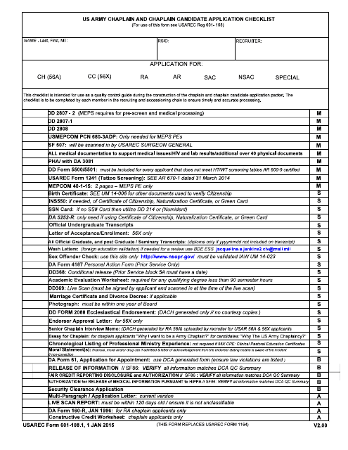 USAREC Form 601-108.1 US Army Chaplain and Chaplain Candidate Application Checklist