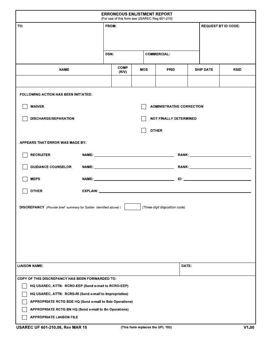 USAREC Form 601-210.06 Erroneous Enlistment Report, Page 1