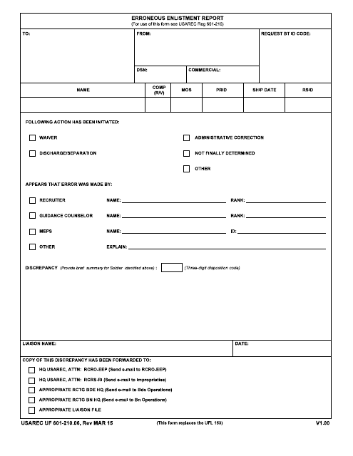 USAREC Form 601-210.06 Erroneous Enlistment Report