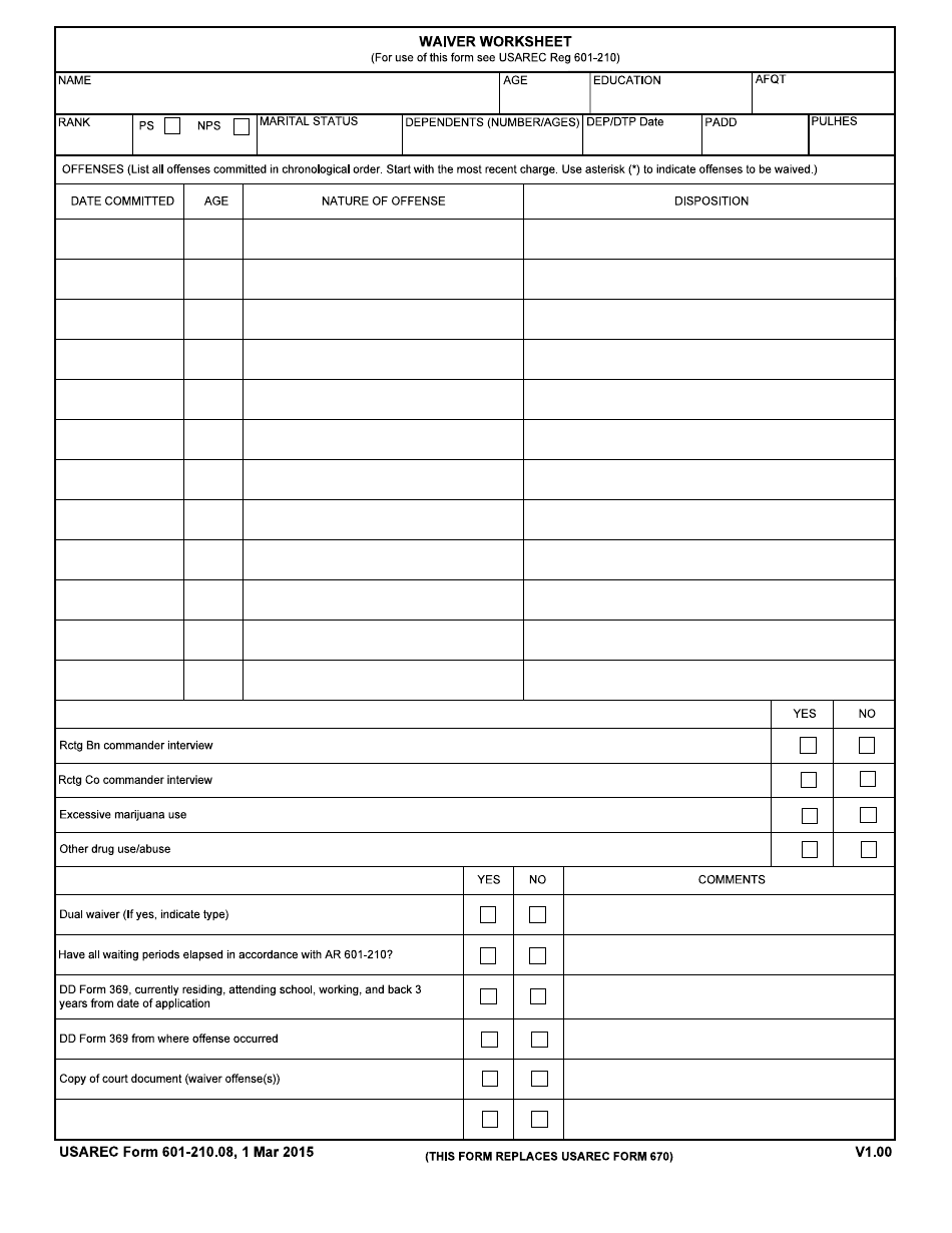 USAREC Form 601-210.08 Waiver Worksheet, Page 1