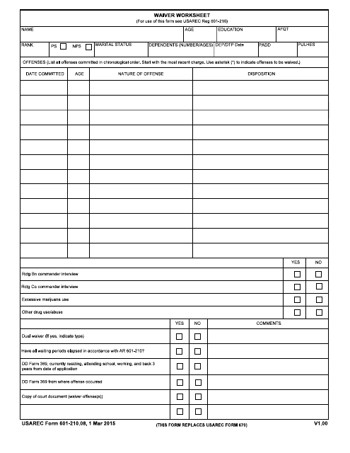 USAREC Form 601-210.08 Waiver Worksheet