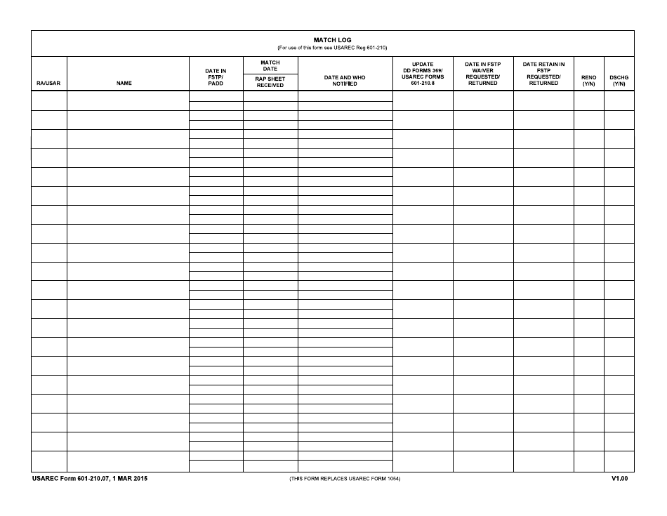 USAREC Form 601-210.07 Match Log, Page 1