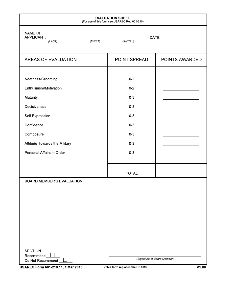 USAREC Form 601-210.11 Evaluation Sheet, Page 1
