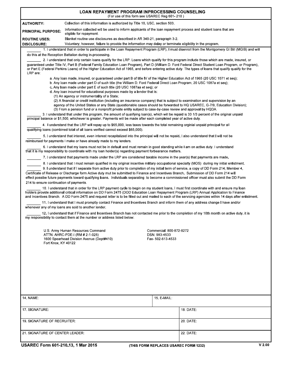 USAREC Form 601-210.13 Loan Repayment Program in-Processing Counseling, Page 1