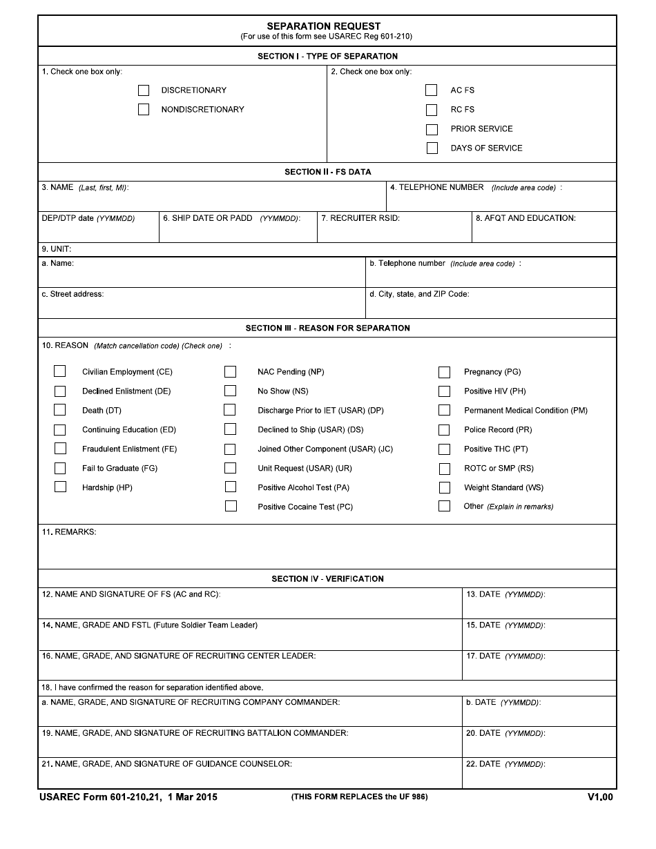 USAREC Form 601-210.21 Separation Request, Page 1