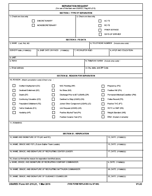 USAREC Form 601-210.21 Separation Request