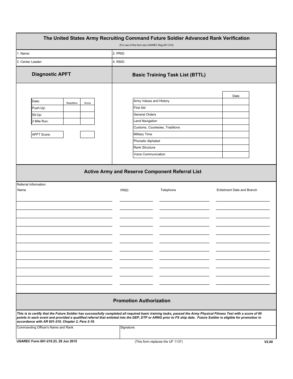 USAREC Form 601-210.23 The United States Army Recruiting Command Future Soldier Advanced Rank Verification, Page 1