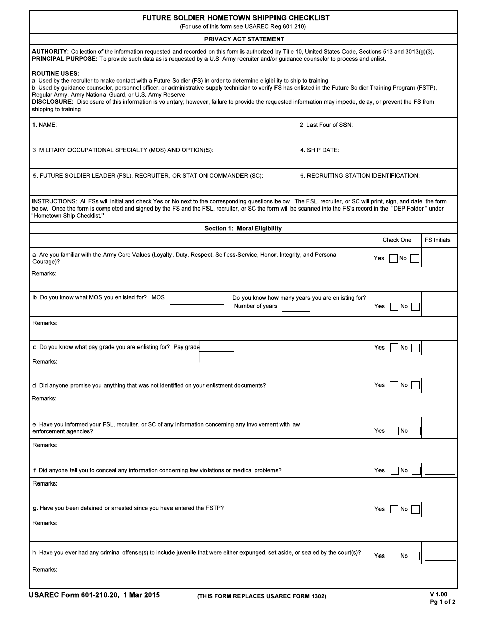 USAREC Form 601-210.20 Future Soldier Hometown Shipping Program Checklist, Page 1