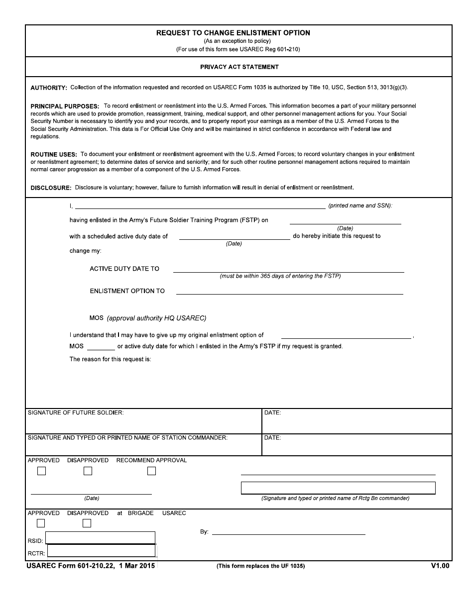 USAREC Form 601-210.22 Request to Change Enlistment Option, Page 1