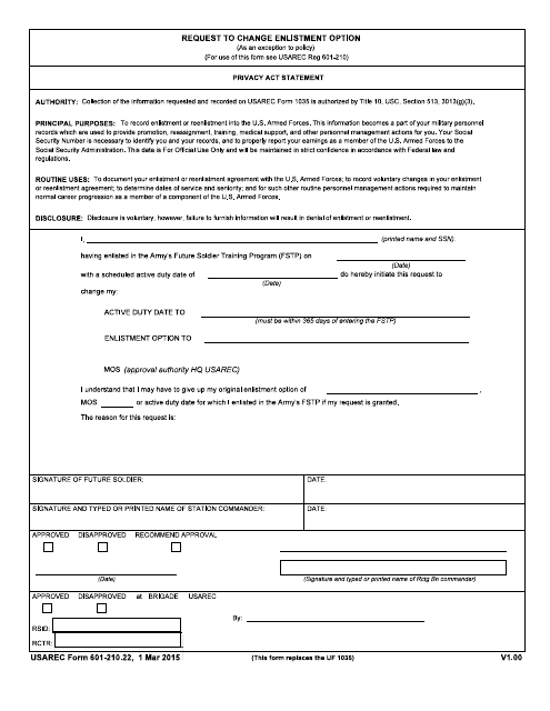 USAREC Form 601-210.22 Request to Change Enlistment Option