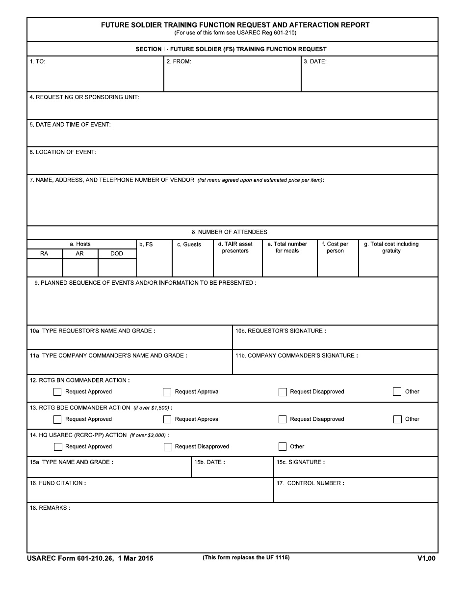 USAREC Form 601-210.26 Future Soldier Training Function Request and Afteraction Report, Page 1
