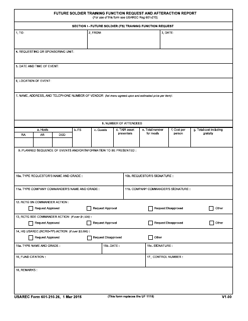 USAREC Form 601-210.26 Future Soldier Training Function Request and Afteraction Report