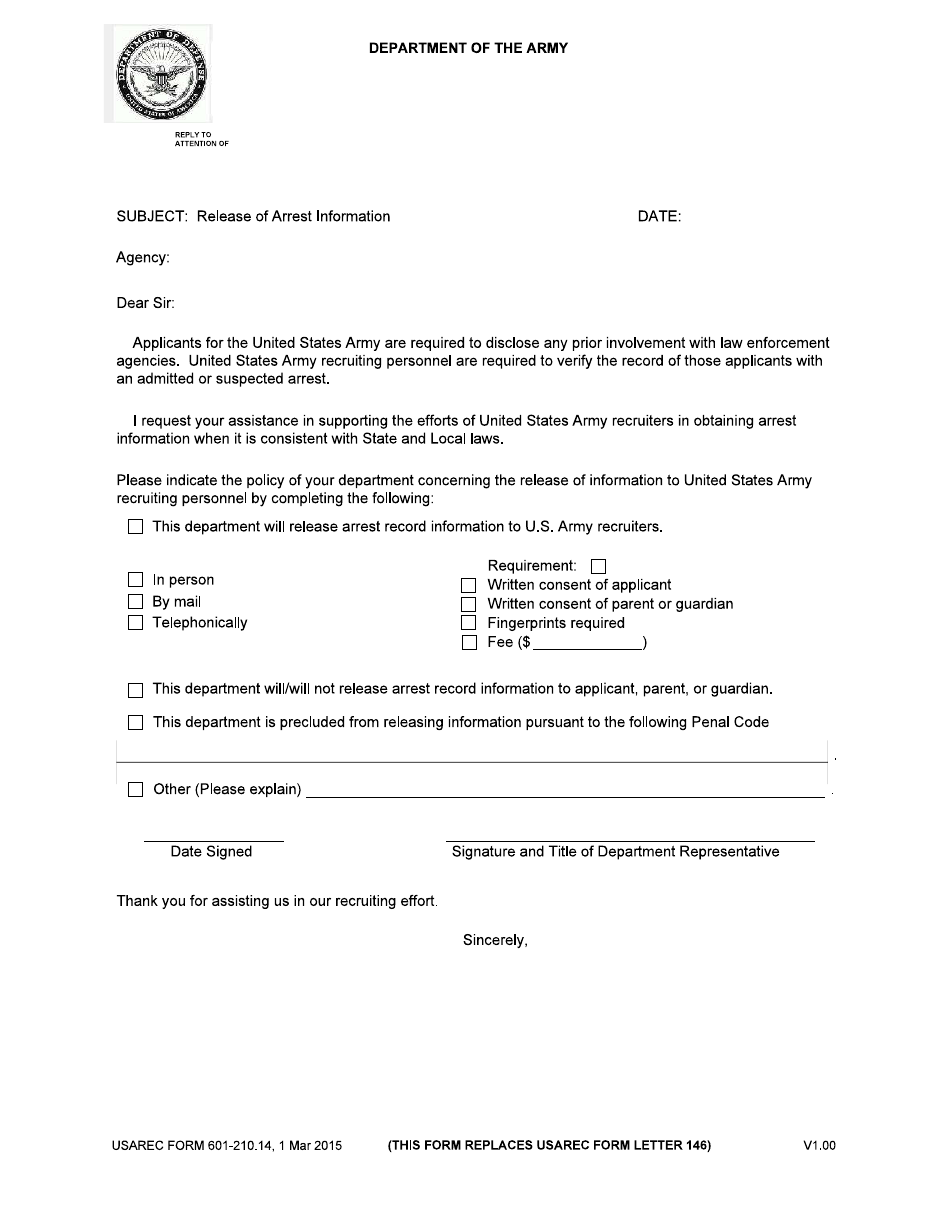USAREC Form 601-210.14 Release of Arrest Information, Page 1