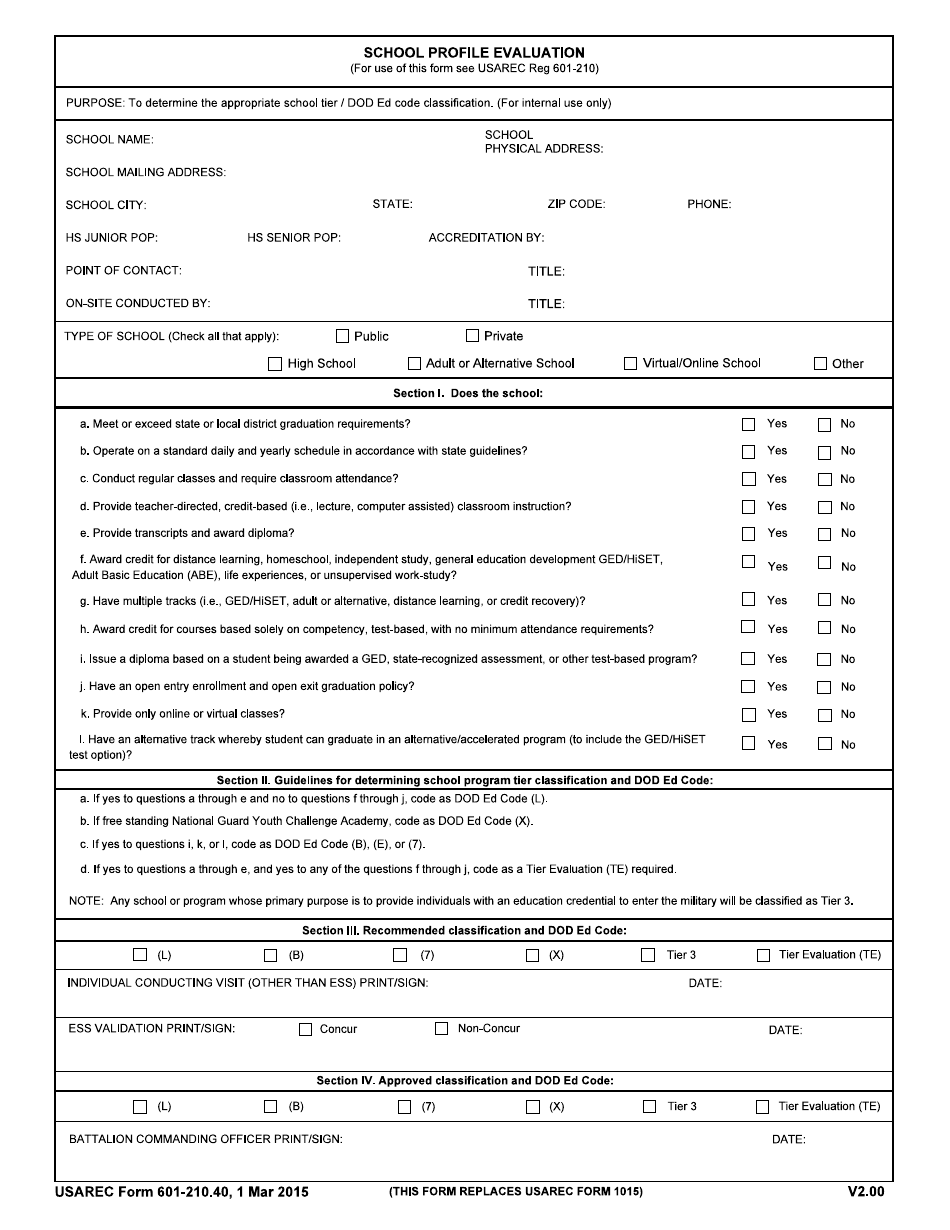 USAREC Form 601-210.40 School Profile Evaluation, Page 1