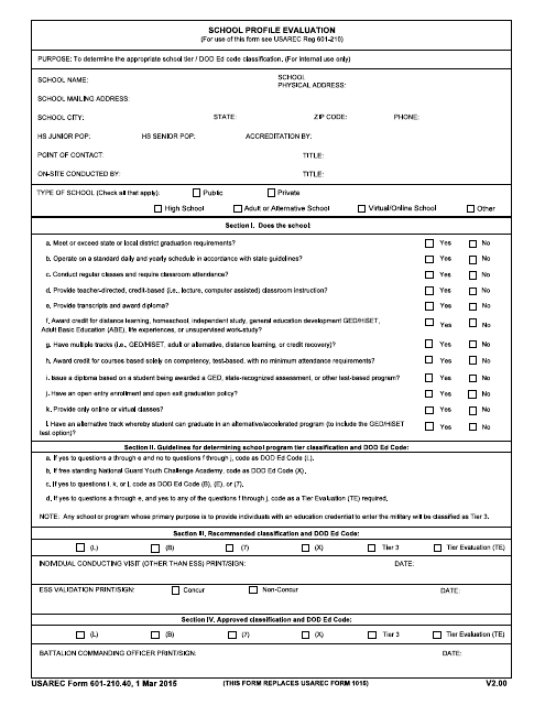 USAREC Form 601-210.40 School Profile Evaluation